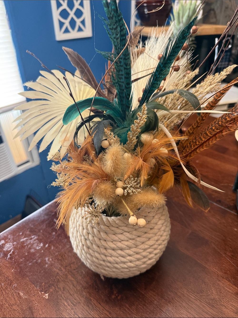 Neutral Rope Vase with Natural and Teal Feather Arrangement